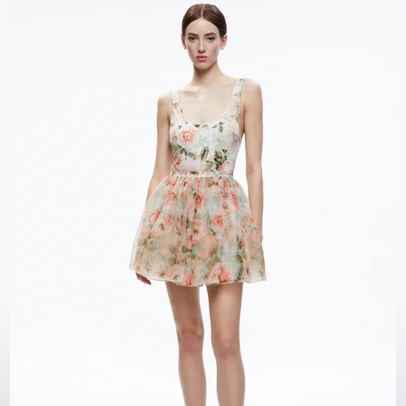 ALICE + OLIVIA 
CHARA MINI DRESS
COLOR Morningside Floral Pistachio
Size 2 
NWT - Picture 2 of 8